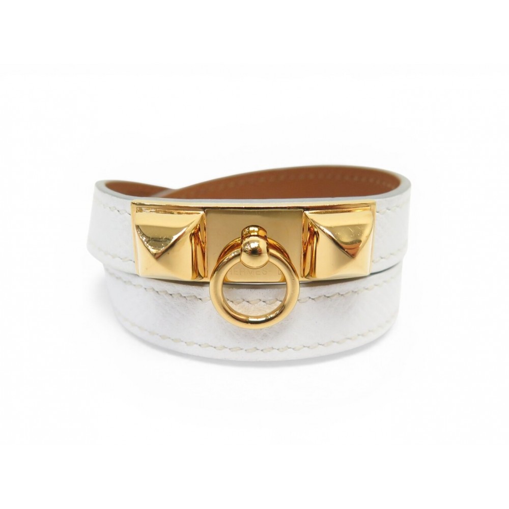 NEUF BRACELET HERMES RIVALE DOUBLE TOUR 16.2CM EN CUIR EPSOM BLANC + BOITE 755€