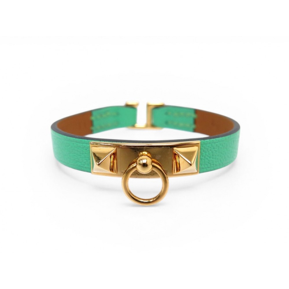 NEUF BRACELET HERMES RIVALE MINI EN CUIR SWIFT VERT H081181 T1 GOLD BANGLE 495€