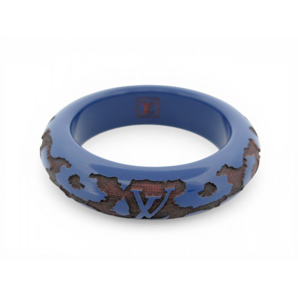NEUF BRACELET LOUIS VUITTON LEO MONOGRAM BANGLE LOGO LV EN BOIS LAQUE BLEU 435€