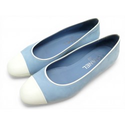 CHAUSSURES CHANEL BALLERINES G37168 CHAINE 36.5 EN CUIR SUEDE BLEU LOGO CC 960€