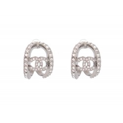 NEUF BOUCLES D'OREILLES CHANEL LOGO CC & STRASS METAL ARGENTE NEW EARRINGS 850€