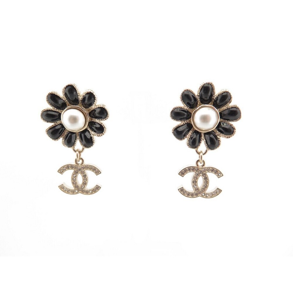 NEUF BOUCLES D'OREILLES CHANEL FLEUR & LOGO CC METAL DORE FLOWER EARRINGS 645€