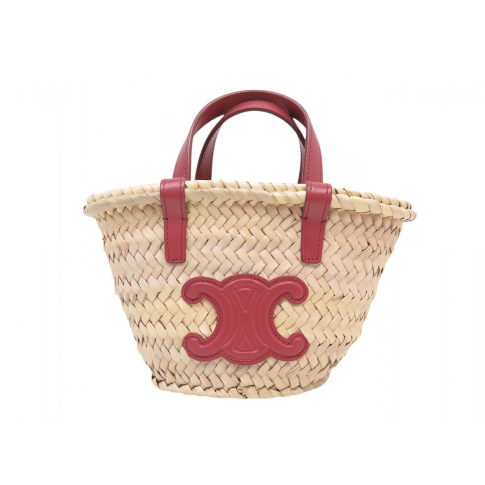 RARE SAC A MAIN CELINE CABAS PANIER NANO TRIOMPHE EN RAPHIA LOGO CUIR ROUGE BAG