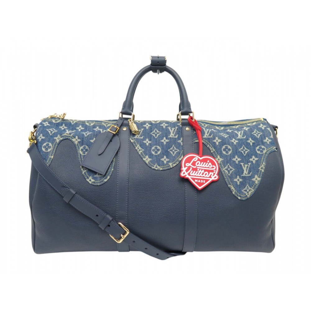NEUF SAC A MAIN LOUIS VUITTON KEEPALL 50 X NIGO M45975 TOILE DENIM CUIR BLEU BAG