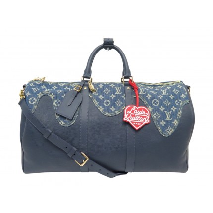 NEUF SAC A MAIN LOUIS VUITTON KEEPALL 50 X NIGO M45975 TOILE DENIM CUIR BLEU BAG
