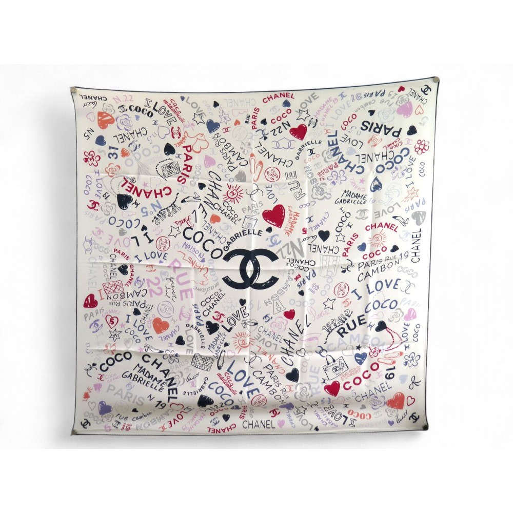 NEUF FOULARD CHANEL LOVE COCO LOGO CC CAMELIA CARRE 90 TWILL DE SOIE SCARF 530€