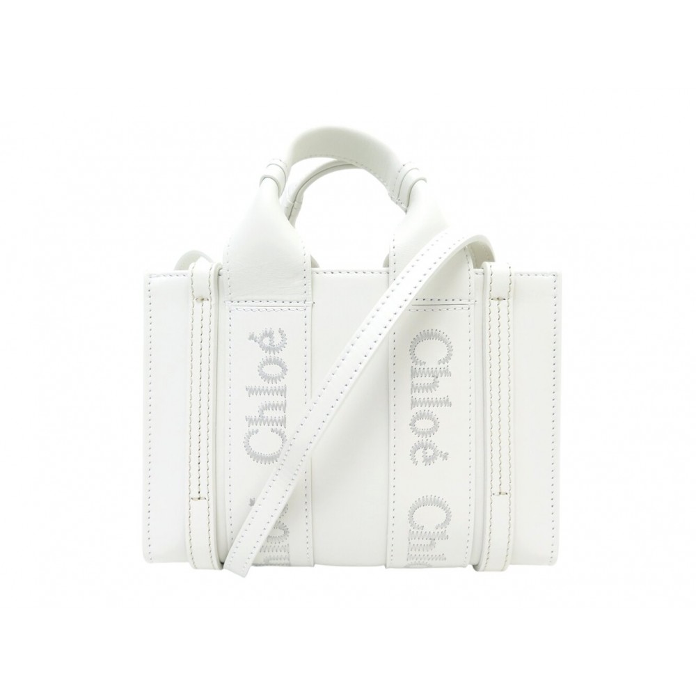 NEUF SAC A MAIN CHLOE MINI TOTE WOODY CHC23SP237I60101 CUIR BLANC HAND BAG 1300€