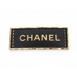NEUF BROCHE CHANEL PLAQUE LOGO CUIR METAL DORE LEATHER STEEL GOLDEN BROOCH 620€