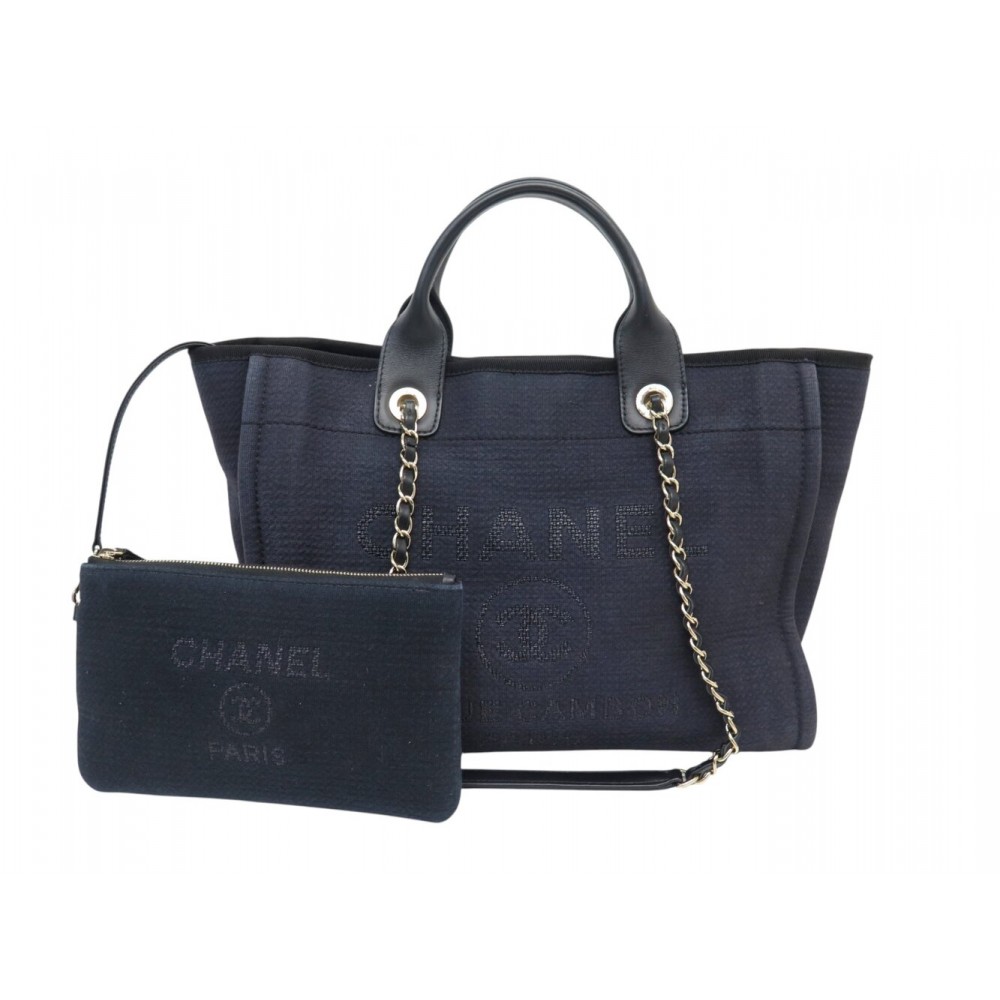 SAC A MAIN CHANEL DEAUVILLE SHOPPING PM EN TOILE NOIR POCHETTE TOTE BAG 4500€
