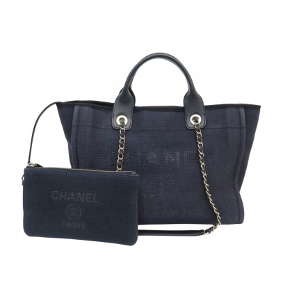 SAC A MAIN CHANEL DEAUVILLE SHOPPING PM EN TOILE NOIR POCHETTE TOTE BAG 4500€
