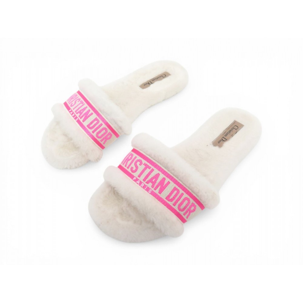 CHAUSSURES DIOR MULES DWAY LOGO FOURRURE 38 BLANCHES ROSES SHEARLING SHOES 750€