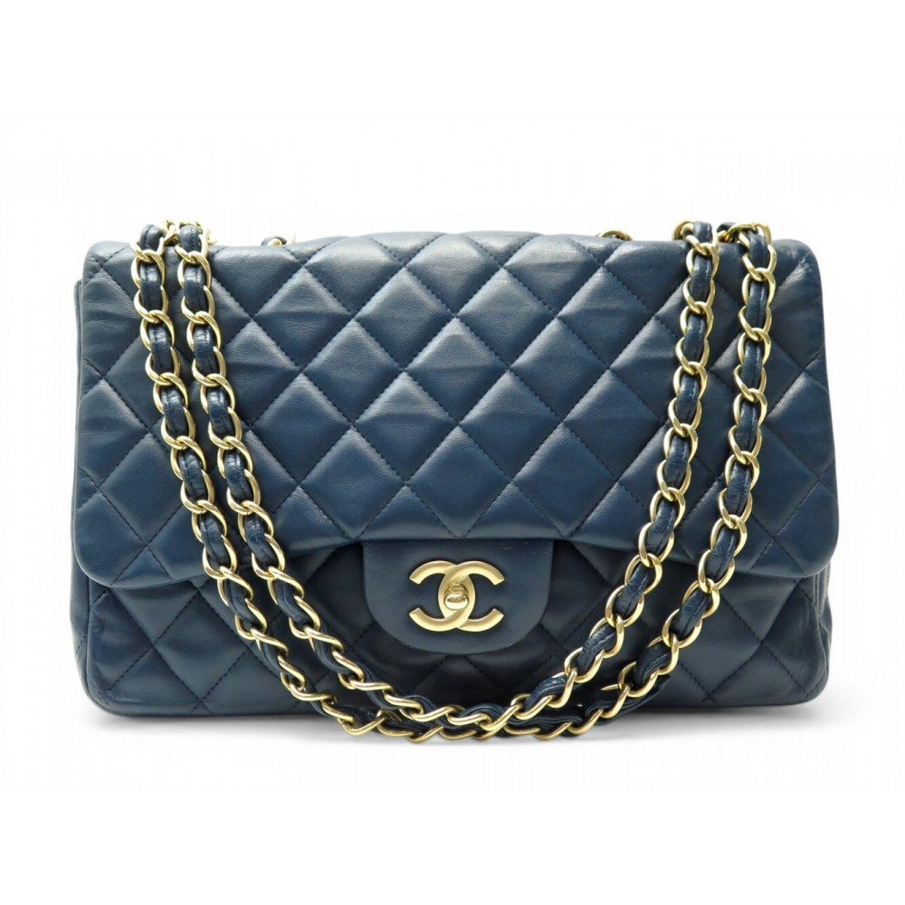 SAC A MAIN CHANEL TIMELESS JUMBO SIMPLE RABAT CUIR BLEU BANDOULIERE BAG 11100€