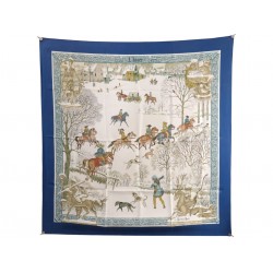 VINTAGE FOULARD HERMES L'HIVER PHILIPPE LEDOUX CARRE 90 EN SOIE BLEUE SCARF 580€