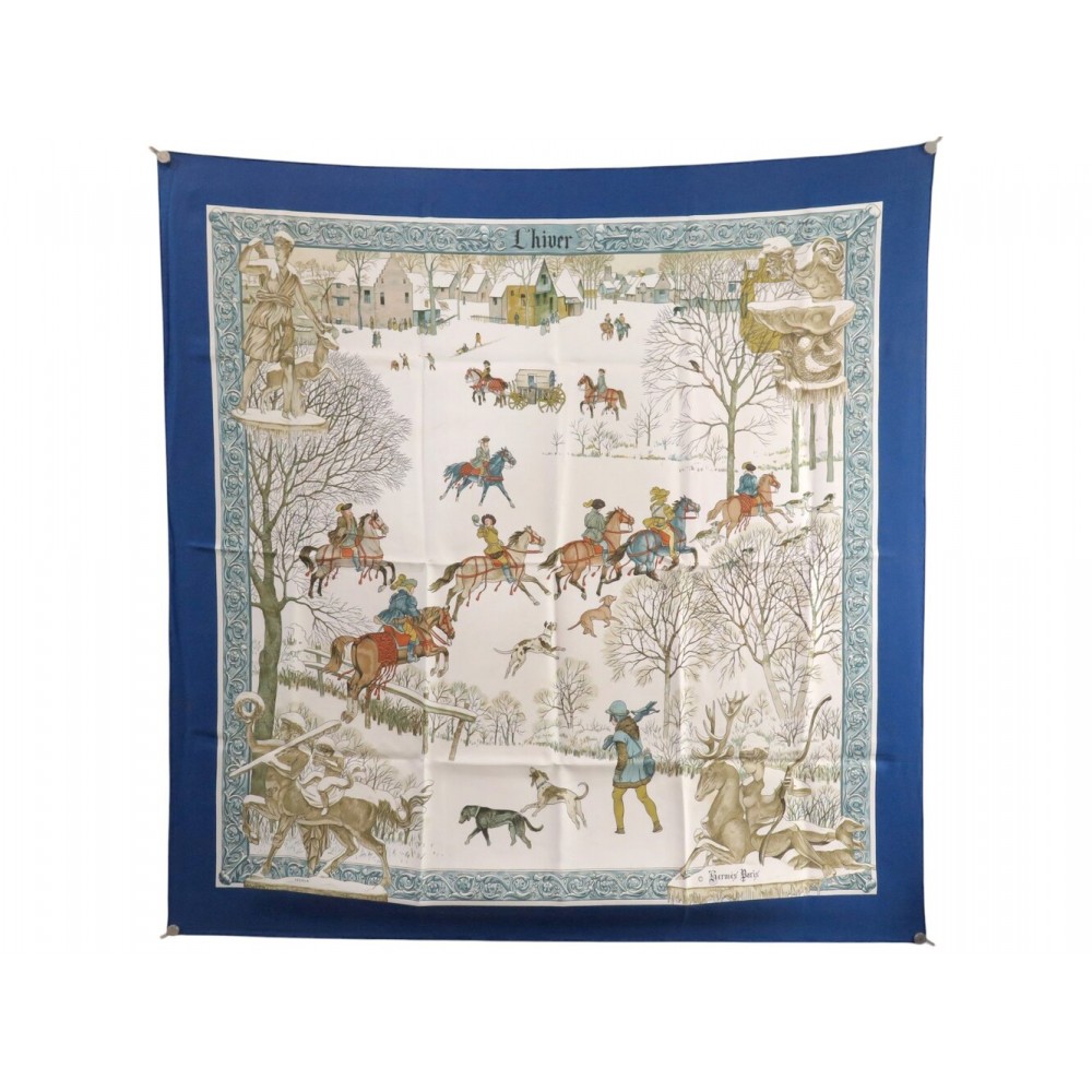 VINTAGE FOULARD HERMES L'HIVER PHILIPPE LEDOUX CARRE 90 EN SOIE BLEUE SCARF 580€