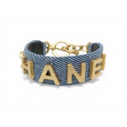 BRACELET CHANEL LOGO AB3354 METAL DORE & DENIM BLEU 15.5CM BLUE JEAN BANGLE 720€