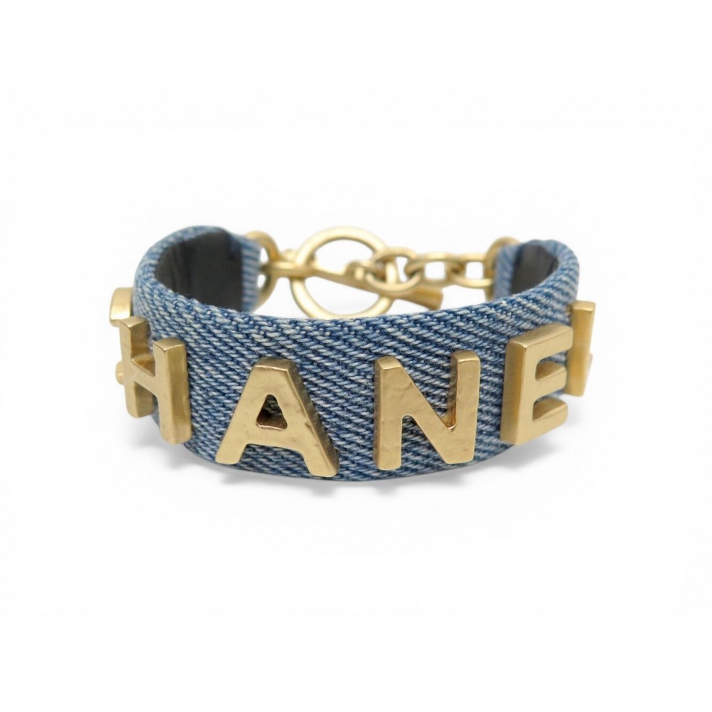 BRACELET CHANEL LOGO AB3354 METAL DORE & DENIM BLEU 15.5CM BLUE JEAN BANGLE 720€