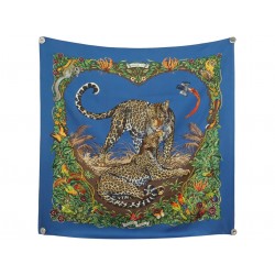 FOULARD HERMES JUNGLE LOVE CARRE 90 CM EN SOIE BLEUE DALLET 2000 SILK SCARF 580€