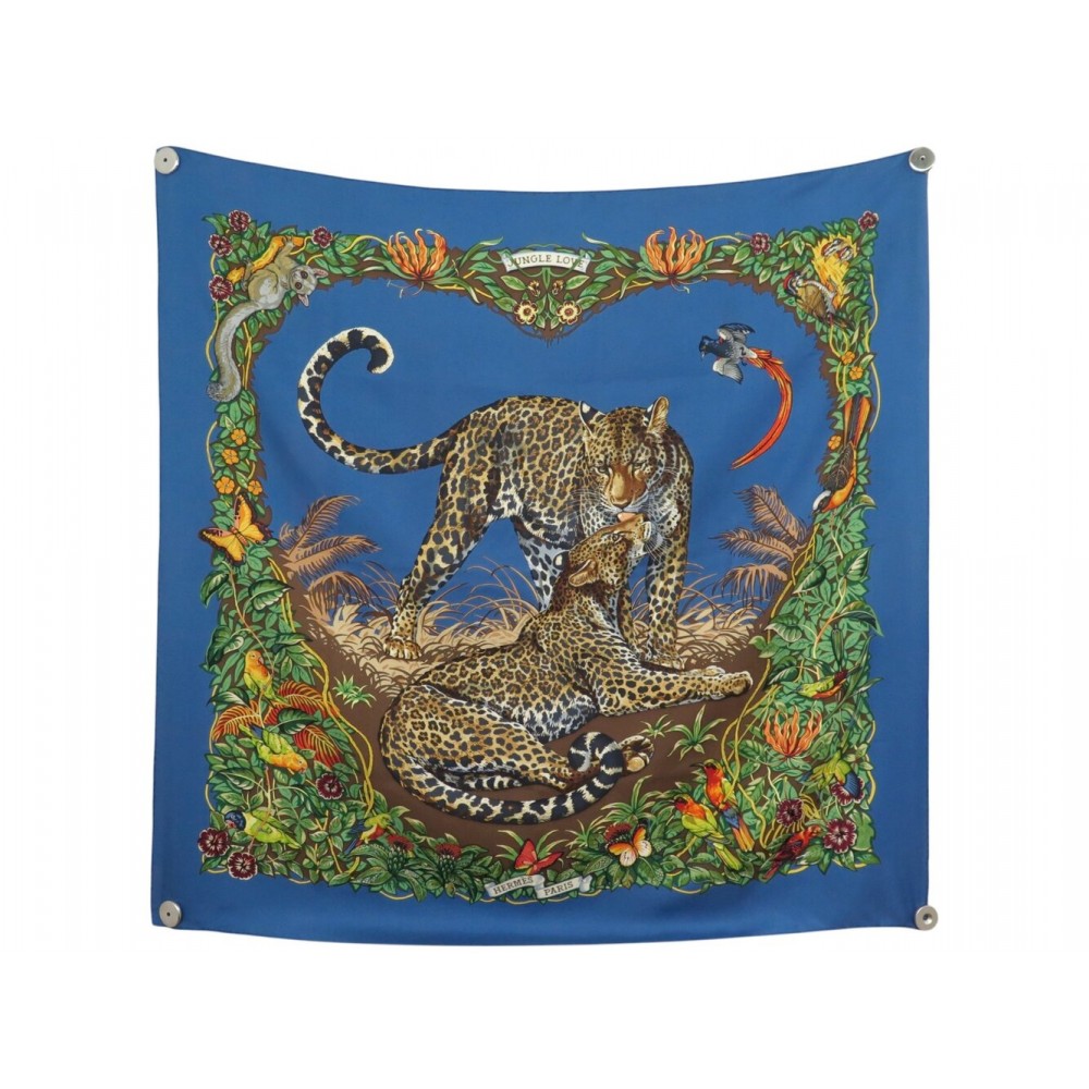 FOULARD HERMES JUNGLE LOVE CARRE 90 CM EN SOIE BLEUE DALLET 2000 SILK SCARF 580€
