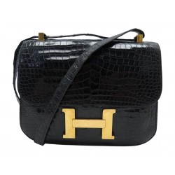 VINTAGE SAC A MAIN HERMES CONSTANCE 23 1962 CUIR DE CROCODILE POROSUS NOIR BAG