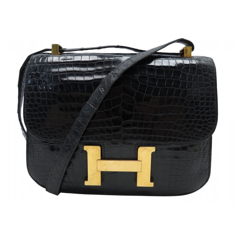 VINTAGE SAC A MAIN HERMES CONSTANCE 23 1962 CUIR DE CROCODILE POROSUS NOIR BAG