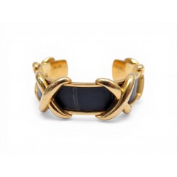 VINTAGE BRACELET HERMES CROISILLONS PLAQUE OR & CUIR DE CROCODILE POROSUS BANGLE