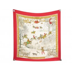 VINTAGE FOULARD HERMES L'HIVER PHILIPPE LEDOUX CARRE 90 EN SOIE ROUGE SCARF 580€