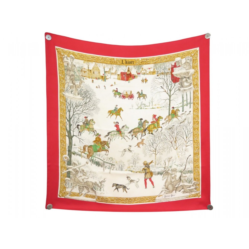 VINTAGE FOULARD HERMES L'HIVER PHILIPPE LEDOUX CARRE 90 EN SOIE ROUGE SCARF 580€