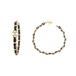 BOUCLES D'OREILLES CREOLES CHANEL LOGO CC CUIR ENTRELACE & DORE HOOP EARRINGS
