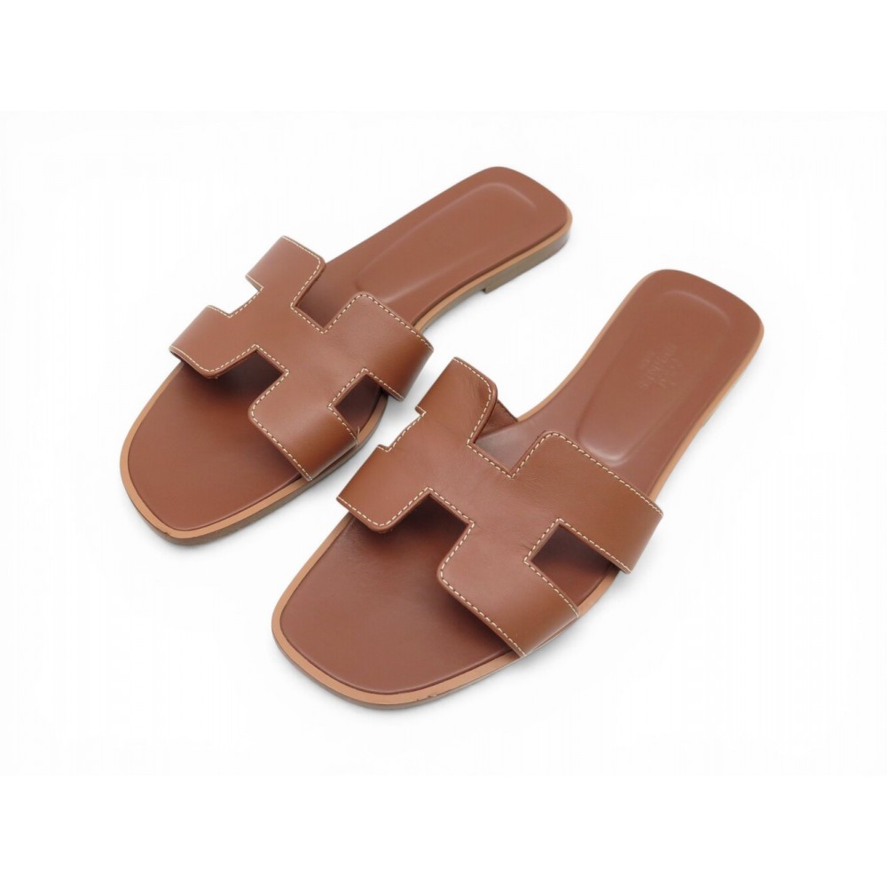 CHAUSSURES HERMES MULES ORAN H021056Z2 38.5 CUIR BOX MARRON SANDALES SHOES 635€