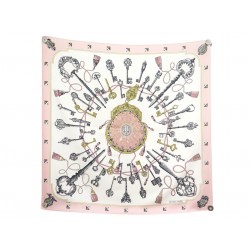 VINTAGE FOULARD HERMES LES CLES CATY LATHAM CARRE 90 SOIE ROSE SILK SCARF 580€
