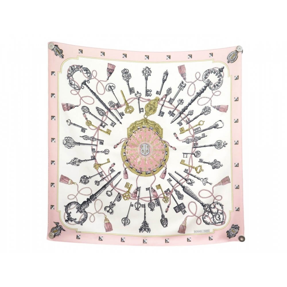 VINTAGE FOULARD HERMES LES CLES CATY LATHAM CARRE 90 SOIE ROSE SILK SCARF 580€