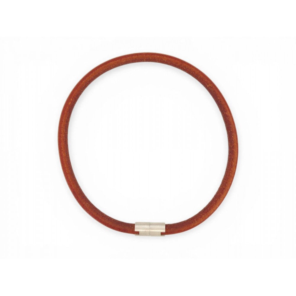 NEUF COLLIER HERMES RAS DU COU EN ACIER BROSSE CORDON CUIR CHOKER NECKLACE 370€