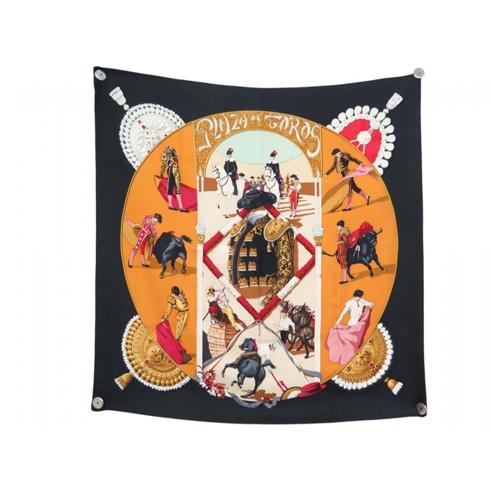 VINTAGE FOULARD HERMES PLAZA DE TOROS WATRIGANT CARRE 90 SOIE ORANGE SCARF 580€