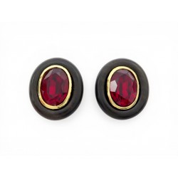 NEUF VINTAGE BOUCLES OREILLES YVES SAINT LAURENT GRIPOIX BOIS & RUBIS EARRINGS