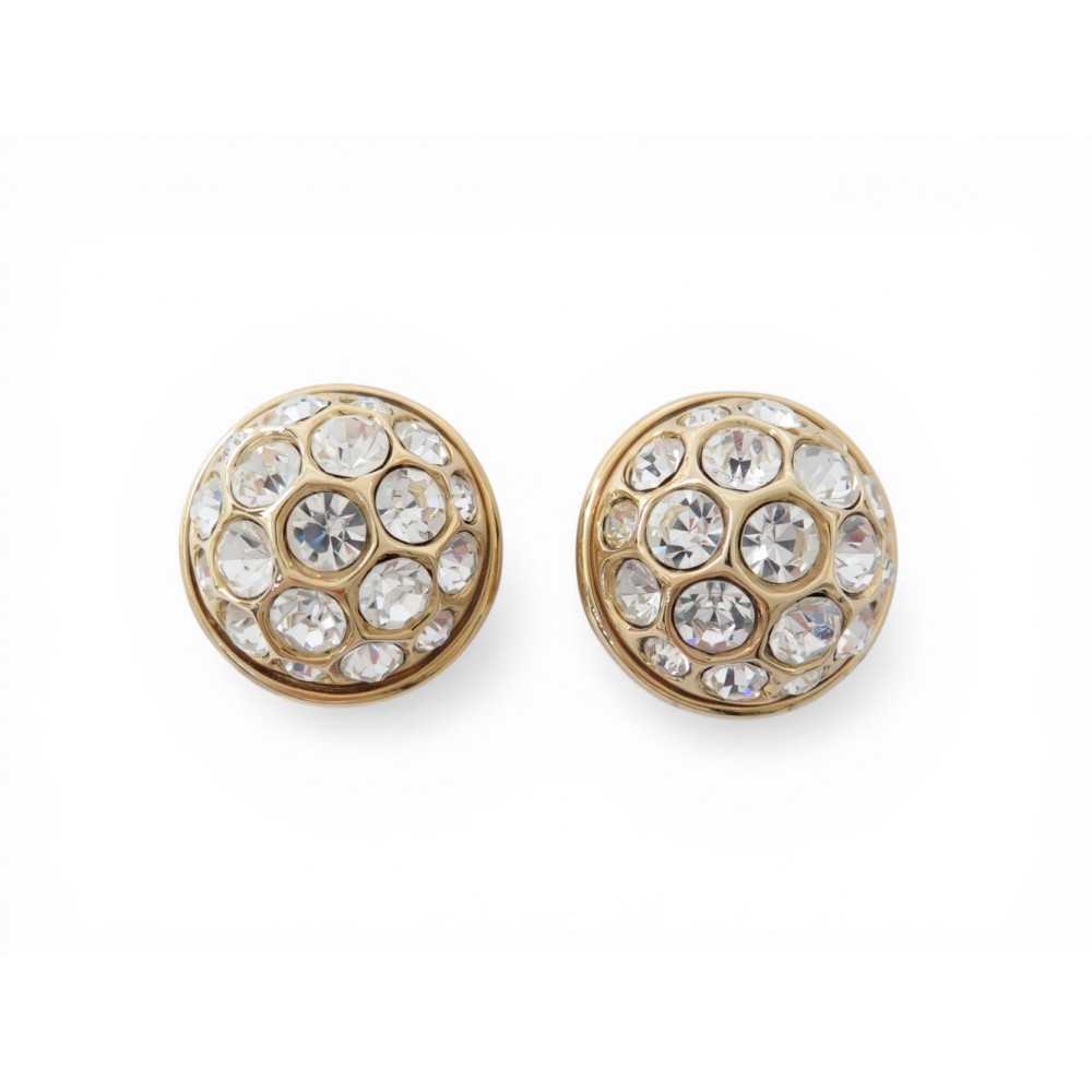 NEUF VINTAGE BOUCLES D'OREILLES YVES SAINT LAURENT DEMI SPHERE STRASS EARRINGS