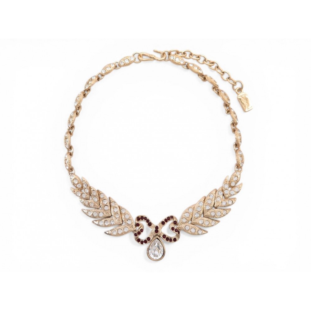 NEUF VINTAGE COLLIER YVES SAINT LAURENT NOEUD PIERRE ROUGE RUBIS STRASS NECKLACE