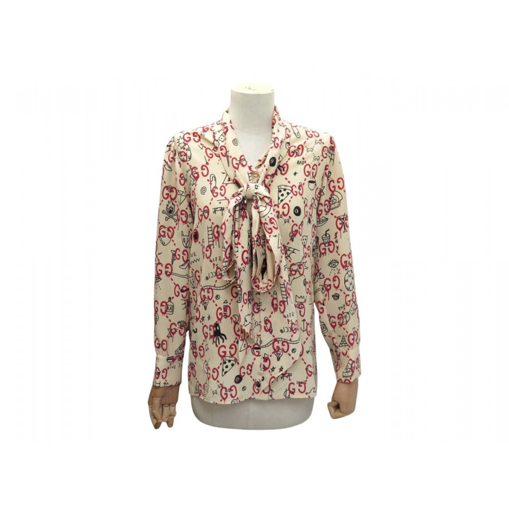 CHEMISE GUCCI GHOST BLOUSE COL LAVALLIERE IMPRIME GG SOIE 40 M SILK SHIRT 1240€