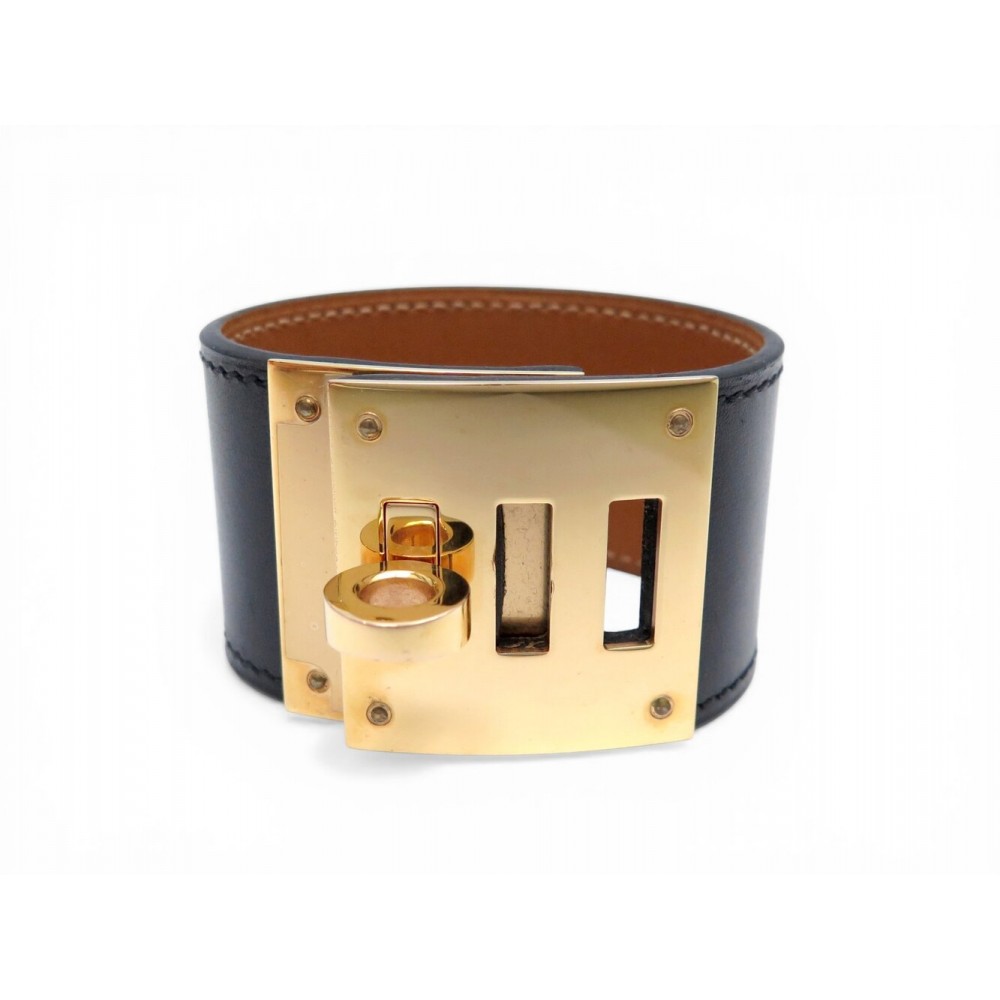 NEUF BRACELET HERMES KELLY DOG T1 XS CUIR BOX NOIR FINITION METAL OR JAUNE 710€
