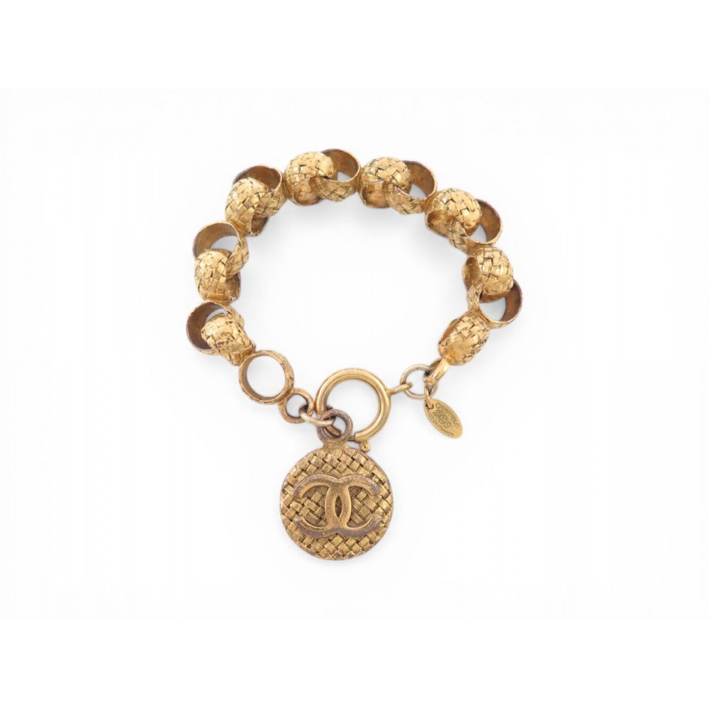 VINTAGE BRACELET CHANEL ANNEAUX CORDAGE LOGO CC VICTOIRE DE CASTELLANE 1990 DORE