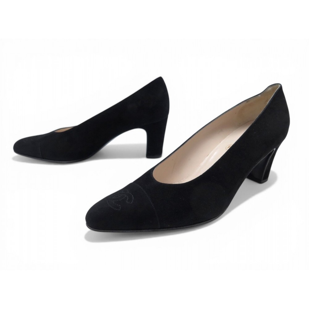 VINTAGE CHAUSSURES CHANEL ESCARPINS LOGO CC 1823 38.5 EN DAIM NOIR SHOES 1190€