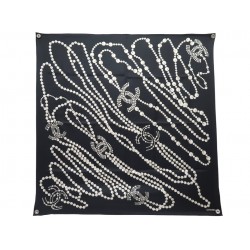 NEUF FOULARD CHANEL TWILL LOGO CC PERLES CARRE 90 EN SOIE NOIR SILK SCARF 530€