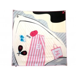 NEUF FOULARD CHANEL RAQUETTES DE PLAGE LUNETTES CC CARRE90 TWILL SOIE SCARF 530€
