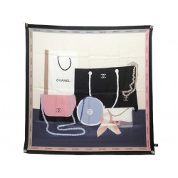 NEUF FOULARD CHANEL SAC ET COLLIER DE PERLES CARRE 90 TWILL DE SOIE SCARF 530€