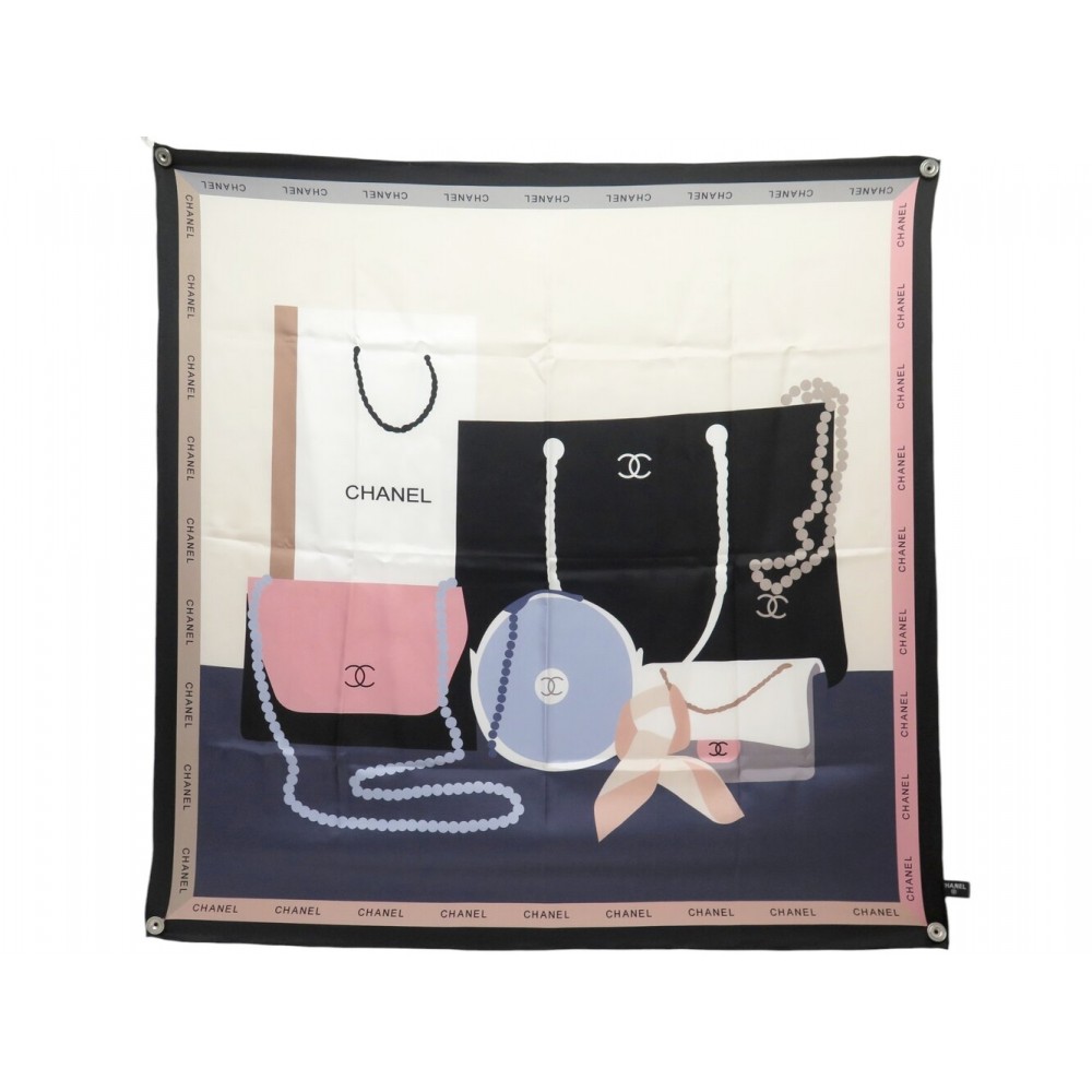 NEUF FOULARD CHANEL SAC ET COLLIER DE PERLES CARRE 90 TWILL DE SOIE SCARF 530€