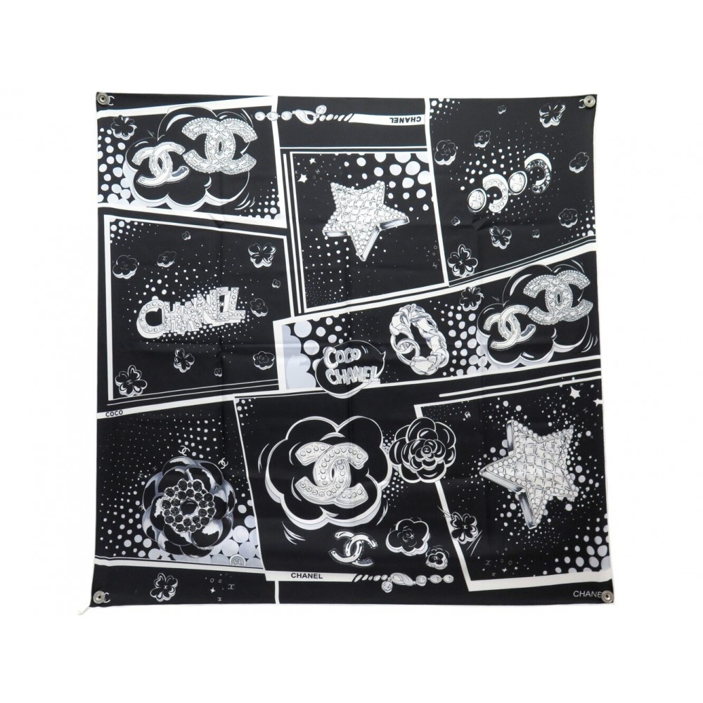 NEUF FOULARD CHANEL COCO ETOILE LOGO CC BIJOUX CARRE 90 TWILL DE SOIE SCARF 530€