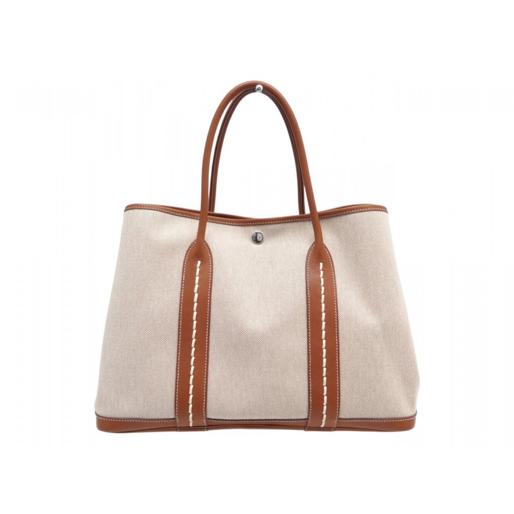 SAC A MAIN HERMES GARDEN 36 CABAS TOILE ET CUIR BARENIA GOLD TOTE HAND BAG 3050€