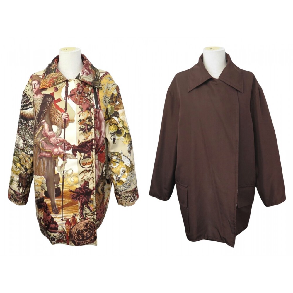 RARE MANTEAU HERMES REVERSIBLE LES AMERIQUES & FAUNE ET FLORE DU TEXAS 42 L COAT