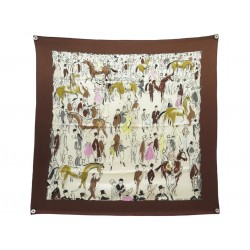 FOULARD HERMES PADDOCK PAR JEAN LOUIS CLERC EN SOIE MARRON BROWN SILK SCARF 580€
