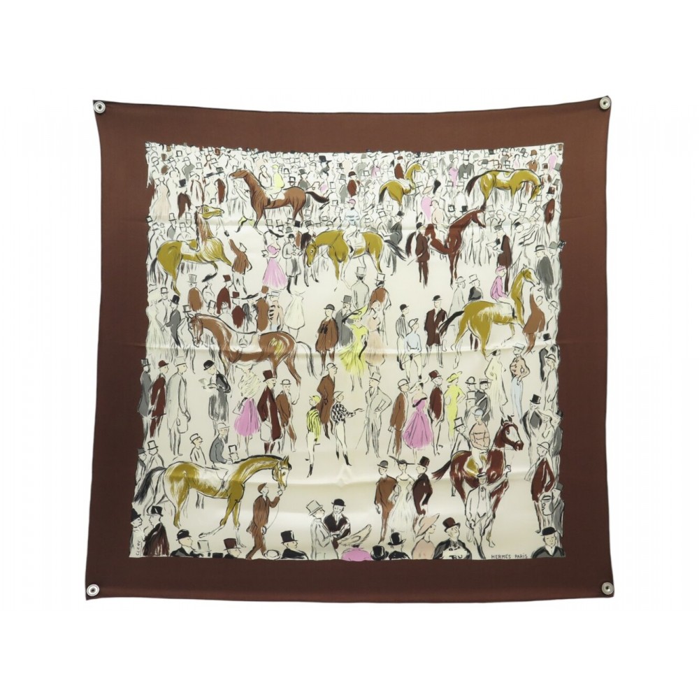 FOULARD HERMES PADDOCK PAR JEAN LOUIS CLERC EN SOIE MARRON BROWN SILK SCARF 580€