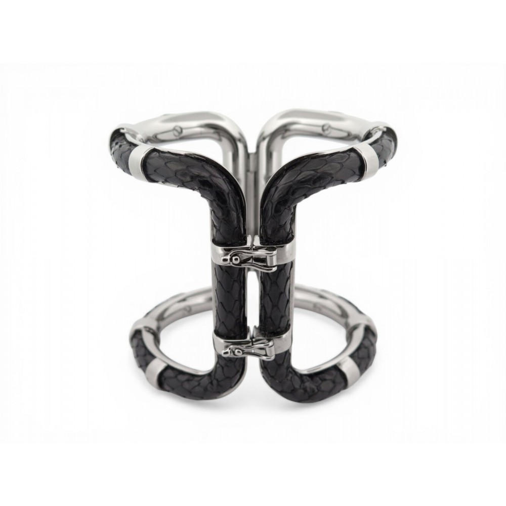 NEUF BRACELET LANVIN MANCHETTE 16CM CUIR PYTHON NOIR ACIER PALLADIE BANGLE 690€